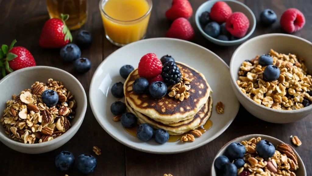 Delicious pancakes topped with fresh berries and granola, accompanied by bowls of granola and a glass of juice.