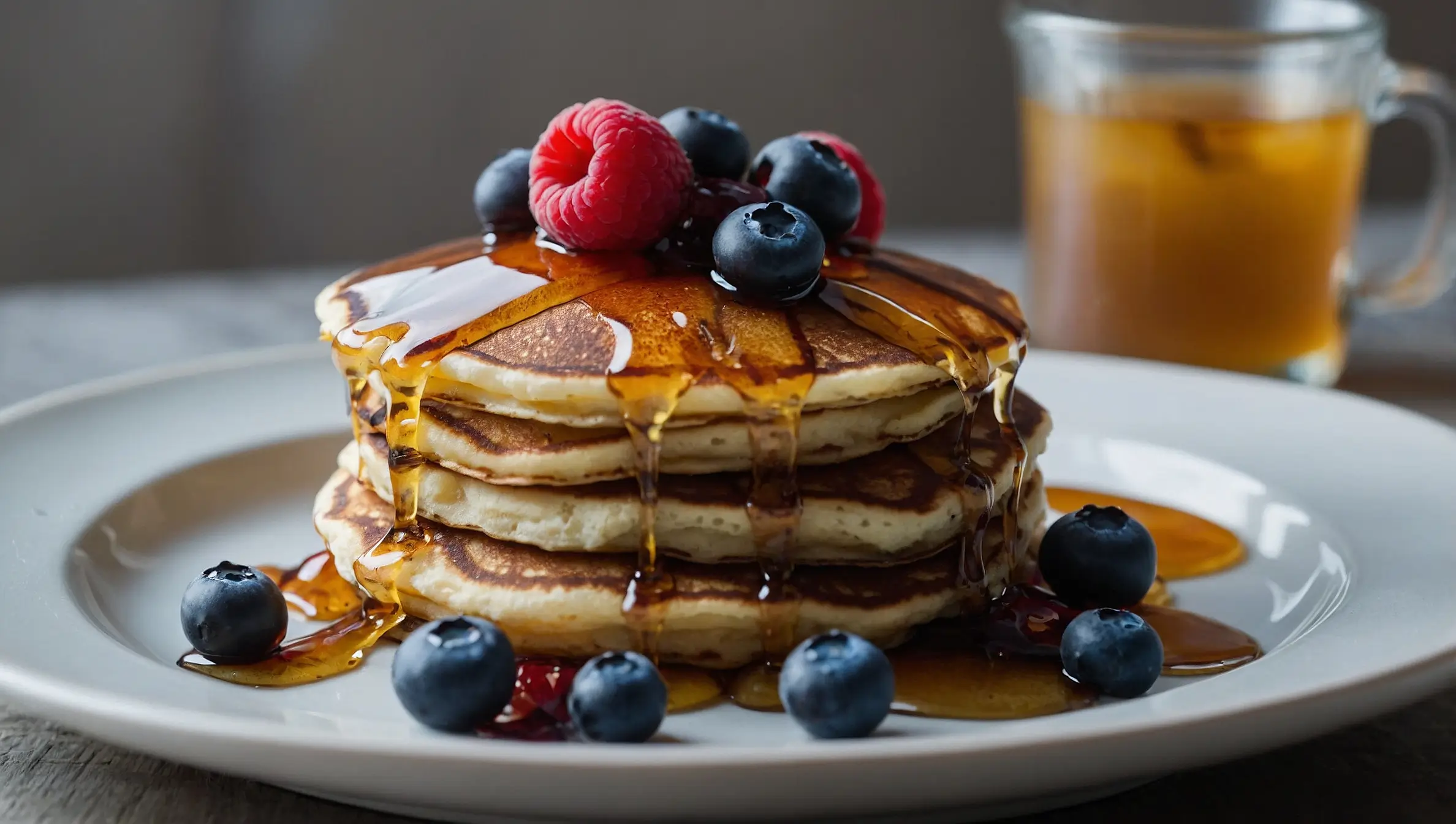 Stack of fluffy pancakes topped with fresh raspberries and blueberries, drizzled with syrup, served on a white plate with a glass of iced tea in the background.