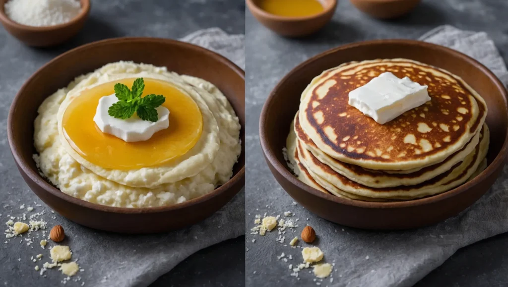 Side-by-side comparison of fluffy pancakes served with cottage cheese and honey on the left, and golden-brown pancakes stacked with butter on top on the right, served in wooden bowls.